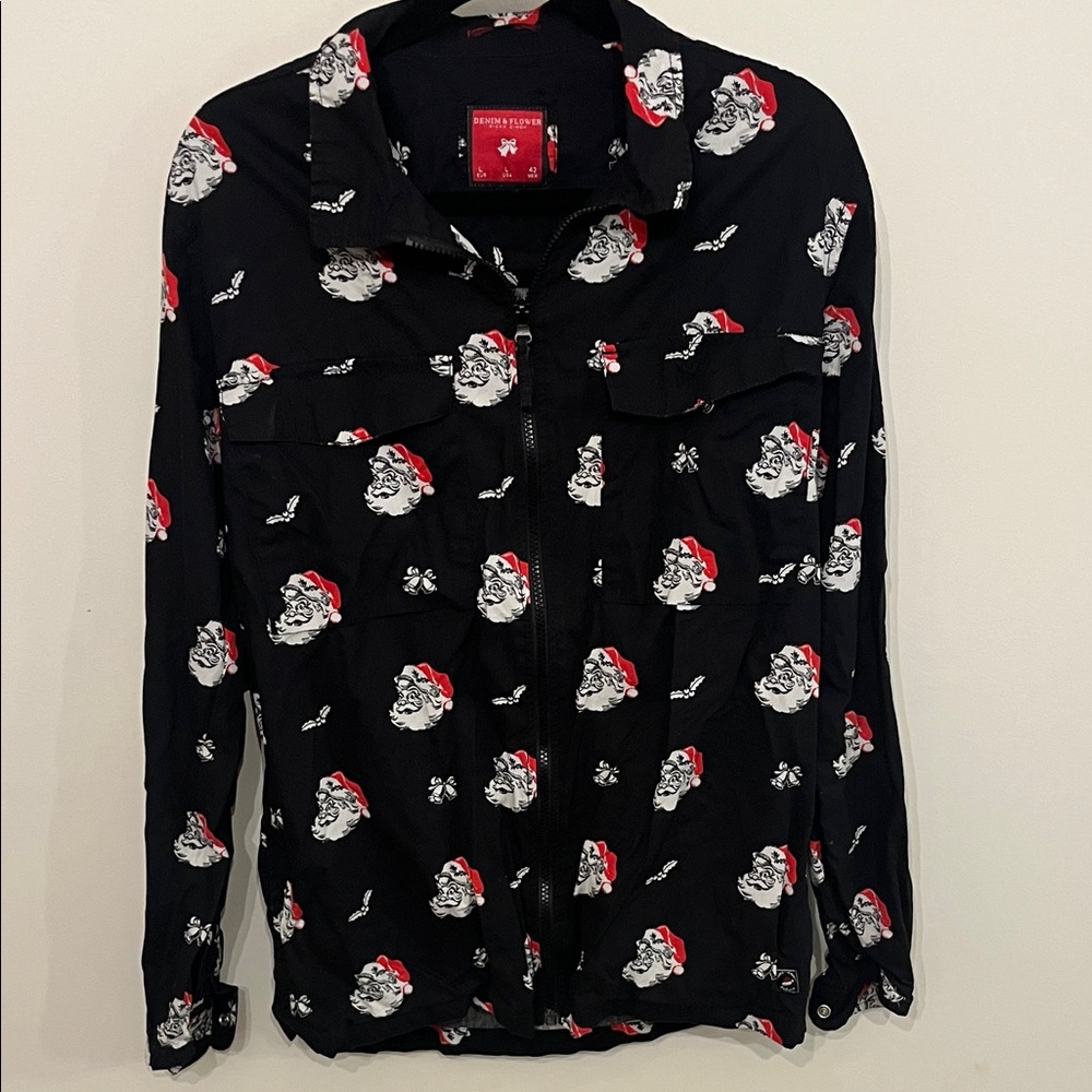Denim & Flower Festive Black Shirt with Santa Design